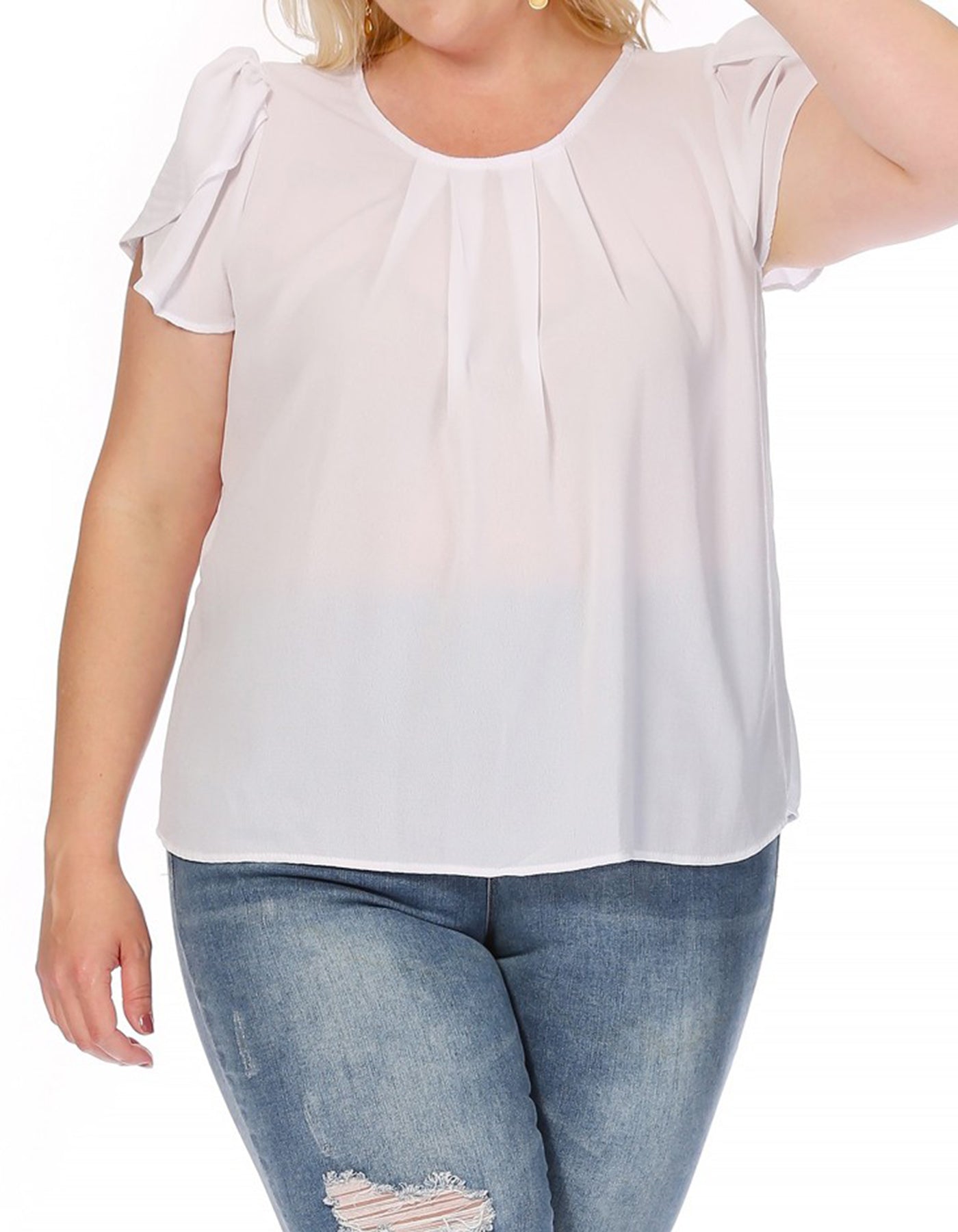 Women's Plus Size Casual Solid Pleated Front Petal Cap Sleeve Round Neck Tee Blouse Top