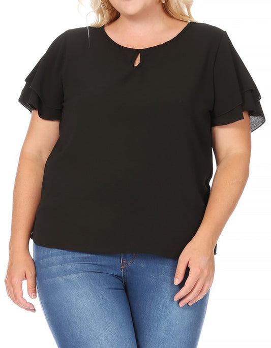 Women's Plus Size Casual Solid Flowy Short Sleeve Round Neck Key Hole Tee Blouse Top