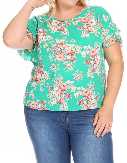 Women's Plus Size Casual Floral Flowy Short Sleeve Round Neck Key Hole Tee Blouse Top