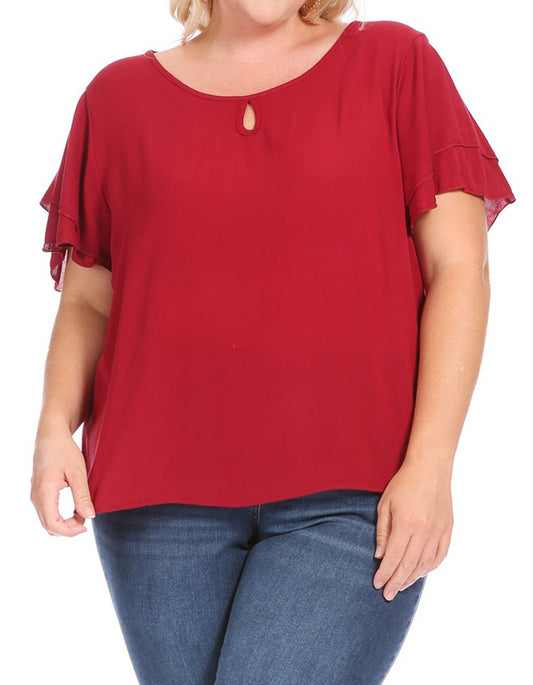 Women's Plus Size Solid Flowy Short Flutter Sleeve Round Neck Key Hole Tee Blouse Top