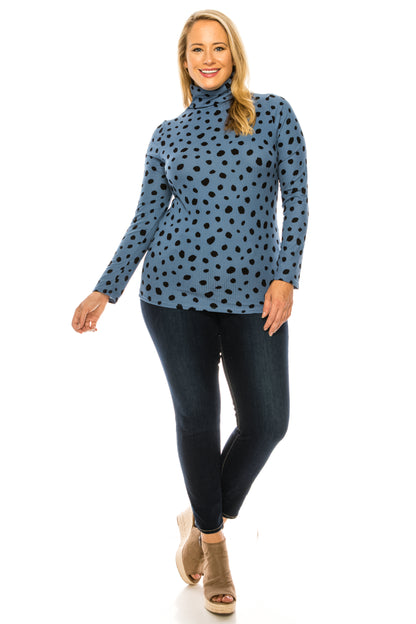 Women's Casual Polka Dot Printed Ribbed Long Sleeve Turtleneck Tops