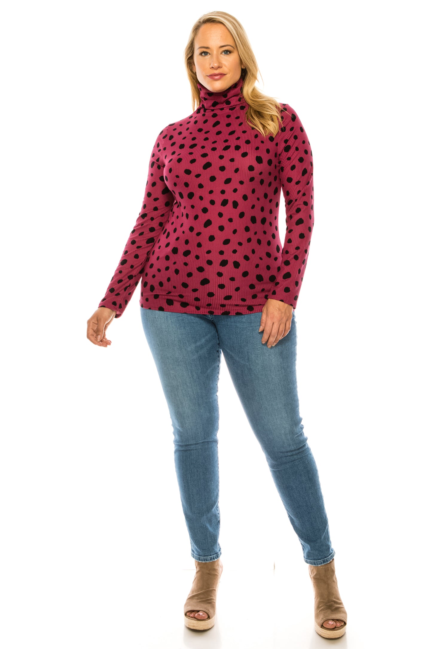 Women's Casual Polka Dot Printed Ribbed Long Sleeve Turtleneck Tops