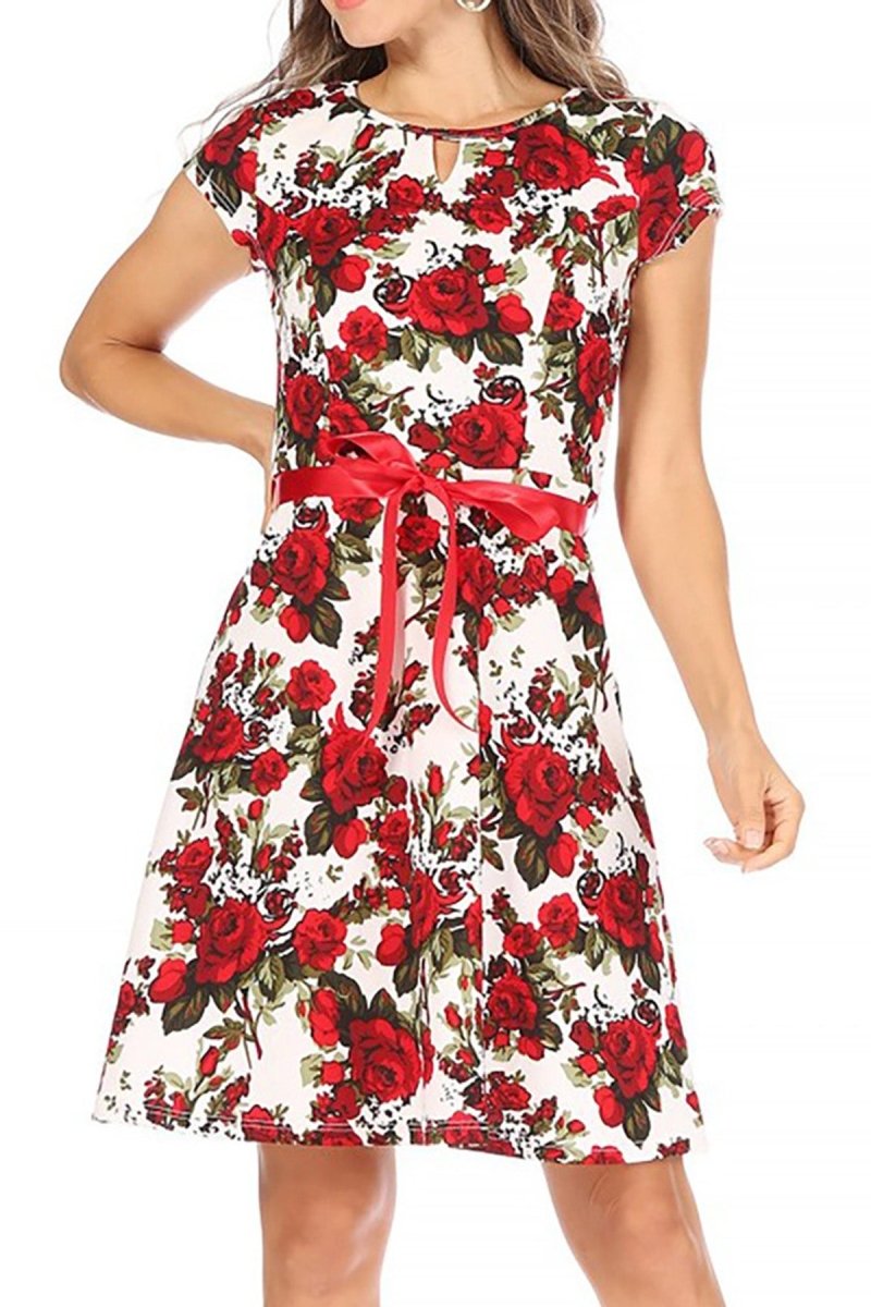 Casual Floral Flared A-Line Swing Dress with Belt Trim Floral White Red / S-M-L(2-2-2)6PCS Casual Floral Flared A-Line Swing Dress with Belt Trim Floral White Red / S-M-L(2-2-2)6PCS