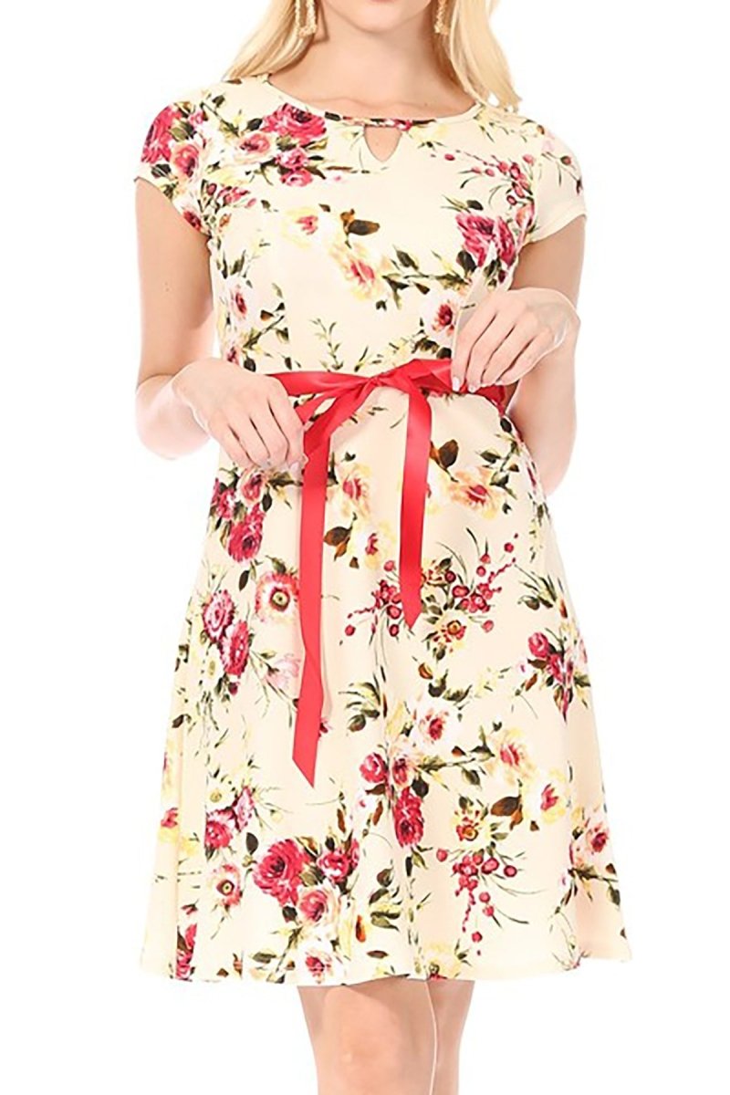 Casual Floral Flared A-Line Swing Dress with Belt Trim Floral Ivory / S-M-L(2-2-2)6PCS