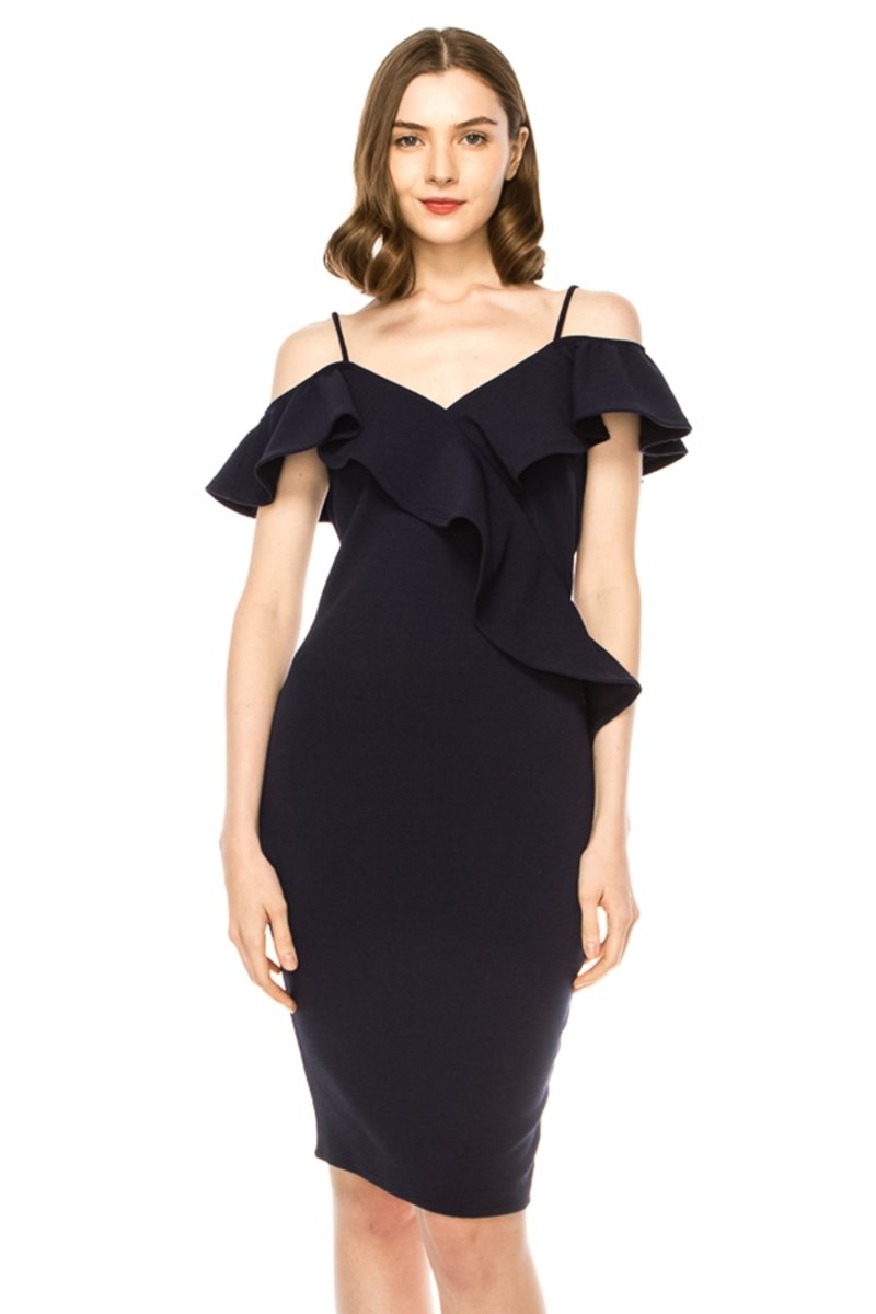 Women's Off Shoulder Ruffle Accent Bodycon Dress Navy / 1XL-2XL-3XL(2-2-2)6PCS