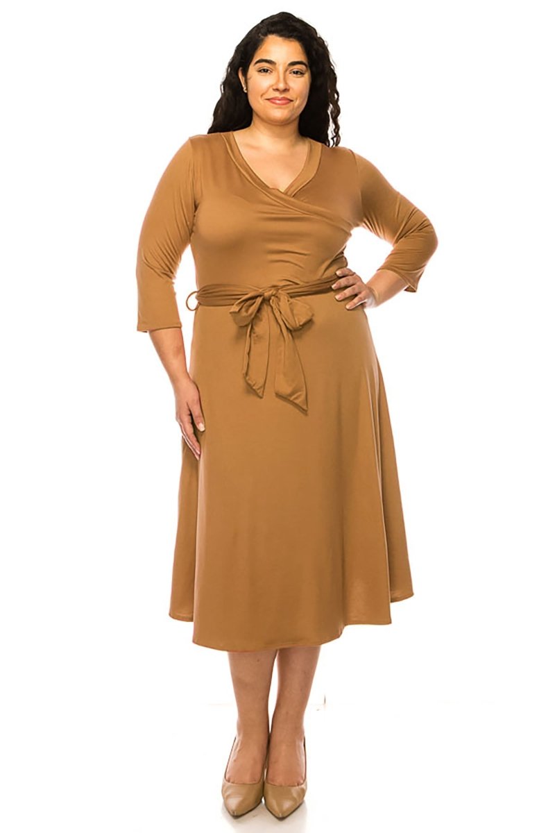 Plus Size 3/4 Sleeve V-Neck Wrap Dress MOA Mocha / 1XL-2XL-3XL(2-2-2)6PCS Plus Size 3/4 Sleeve V-Neck Wrap Dress MOA Mocha / 1XL-2XL-3XL(2-2-2)6PCS