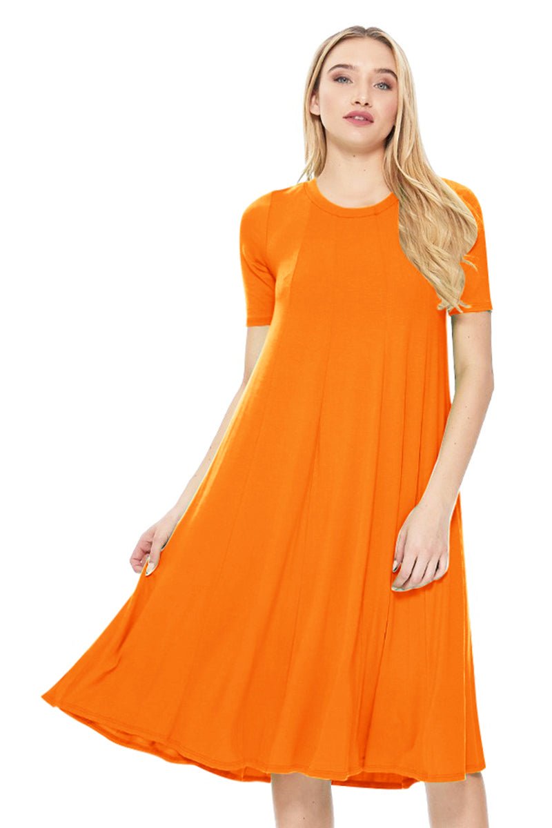 knee length dresses for ladies Solid Jersey Knit A-Line Midi Dress – Moa Orange / S-M-L(2-2-2)6PCS