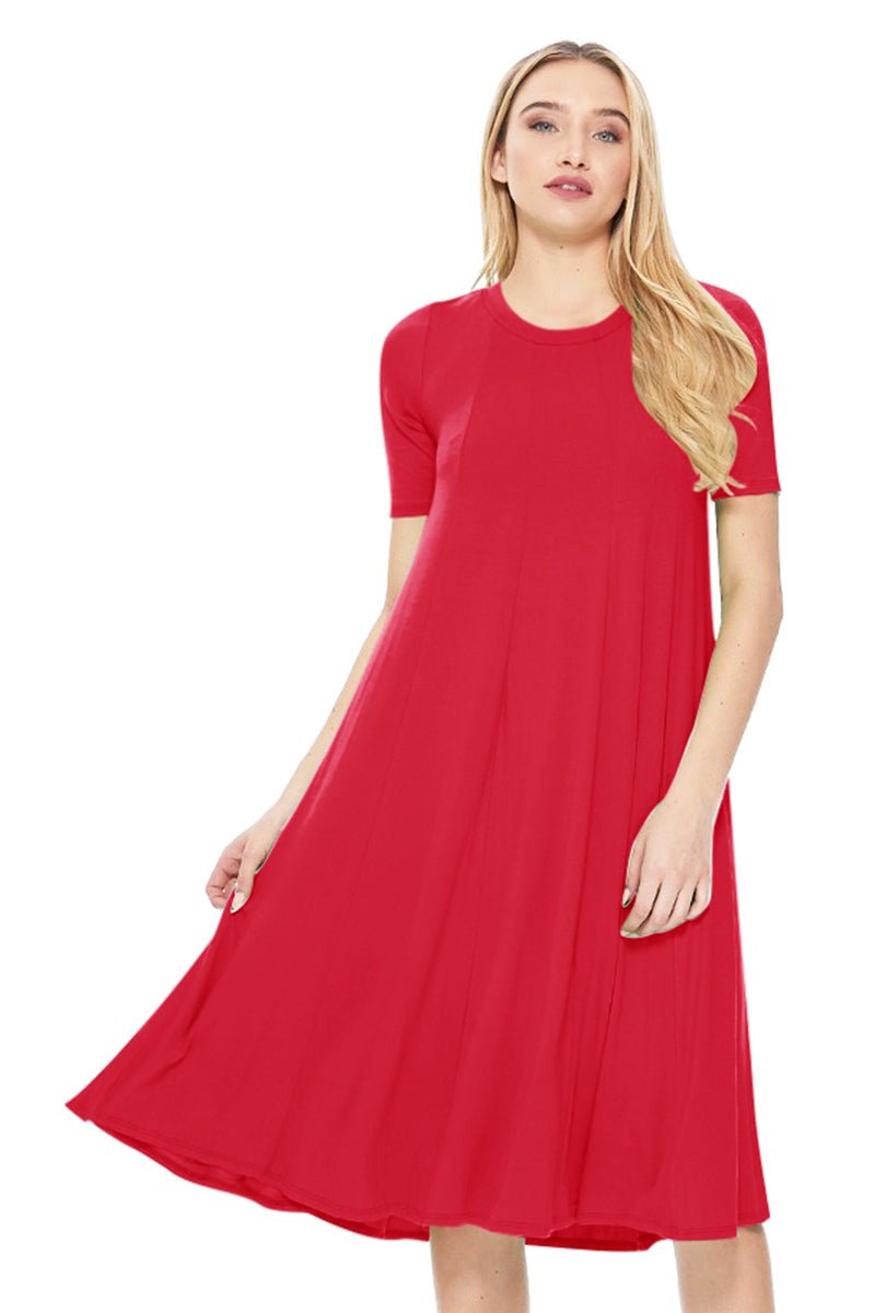 Solid Jersey Knit A-Line Midi Dress  MOA Red / S-M-L(2-2-2)6PCS