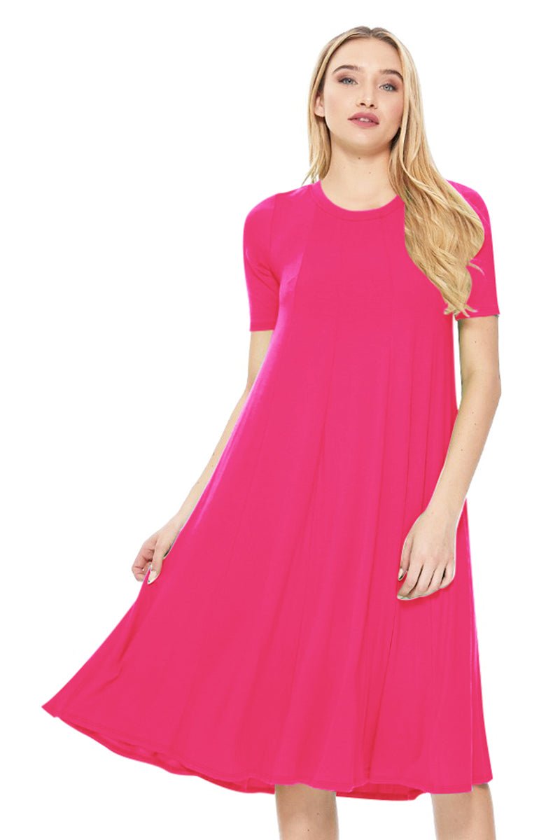 Solid Jersey Knit A-Line Midi Dress MOA Hot Pink / S-M-L(2-2-2)6PCS Solid Jersey Knit A-Line Midi Dress MOA Hot Pink / S-M-L(2-2-2)6PCS